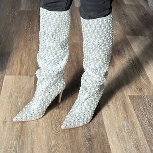 Azalea Wang Silver Lynlee Sparkling crystals and pearly beads Knee High Boots 8